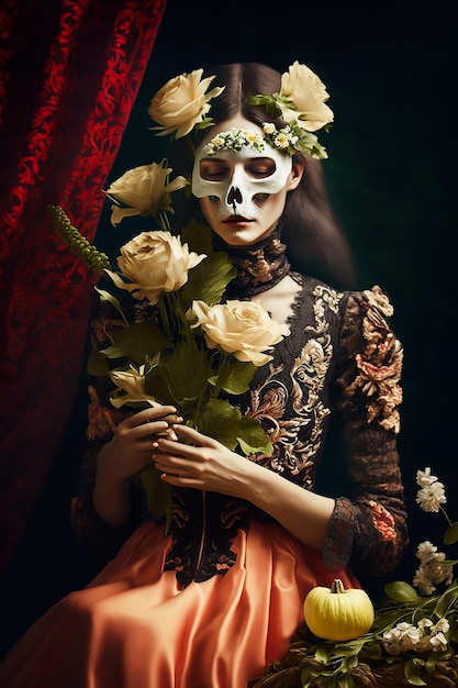 Een vrouw met een masker van rozen op haar gezicht