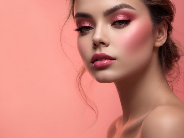 Foto een vrouw met een monochromatische make-up met verschillende tinten roze over de ogen