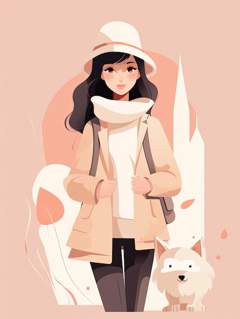 Een vrouw met een muts en sjaal met een hond.