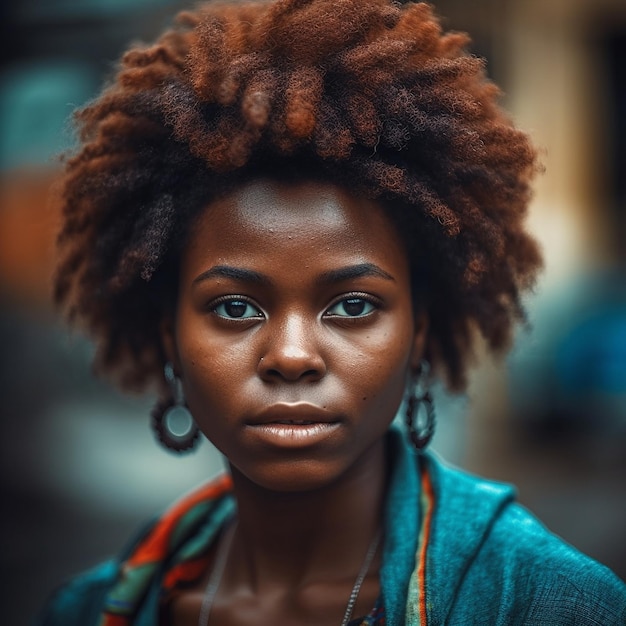 Een vrouw met een natuurlijke haarstijl kijkt naar de camera.