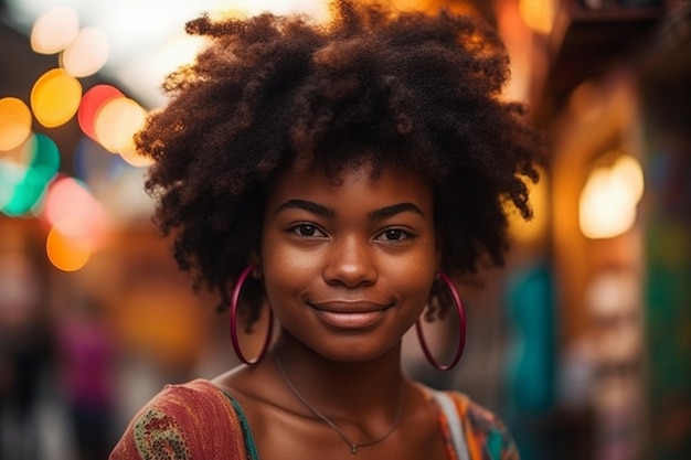 Een vrouw met een natuurlijke haarstijl lacht naar de camera.