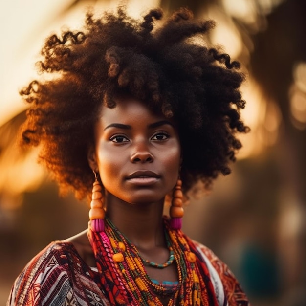 Een vrouw met een natuurlijke haarstijl staat voor een zonsondergang.