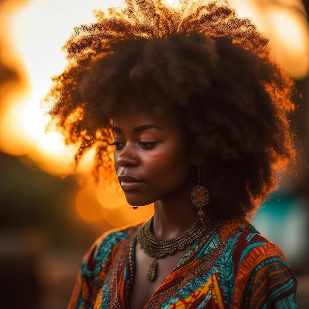 Een vrouw met een natuurlijke haarstijl staat voor een zonsondergang.