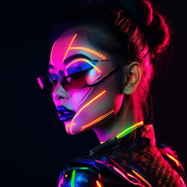 een vrouw met een neonlicht op haar gezicht draagt een neonlicht.