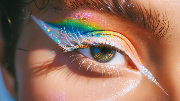 Een vrouw met een oog met regenboogkleurige make-up.