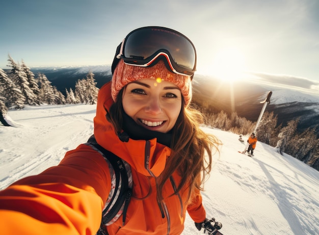 Een vrouw met een oranje jasje maakt een selfie op een besneeuwde helling.