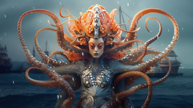 Een vrouw met een oranje octopushoofd en een rood hoofd met het woord octopus erop.