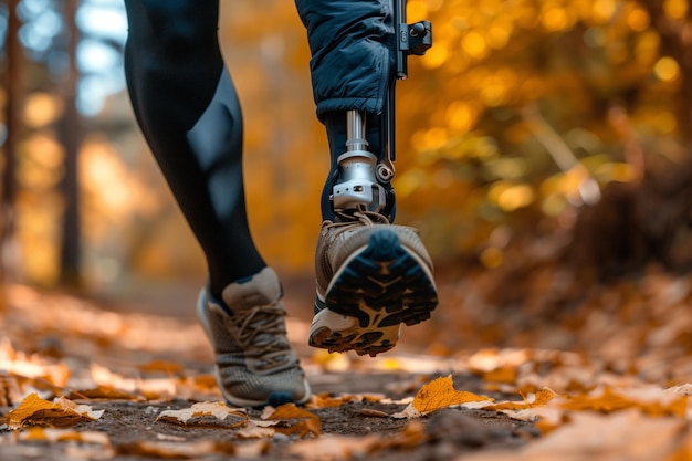 Een vrouw met een prothese loopt door een bos.