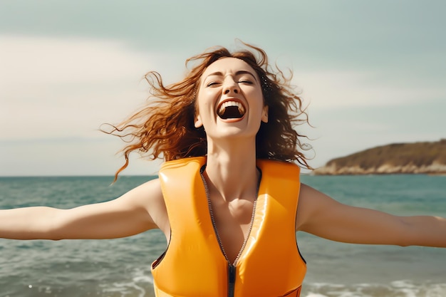 Een vrouw met een reddingsvest aan is op het strand en lacht.