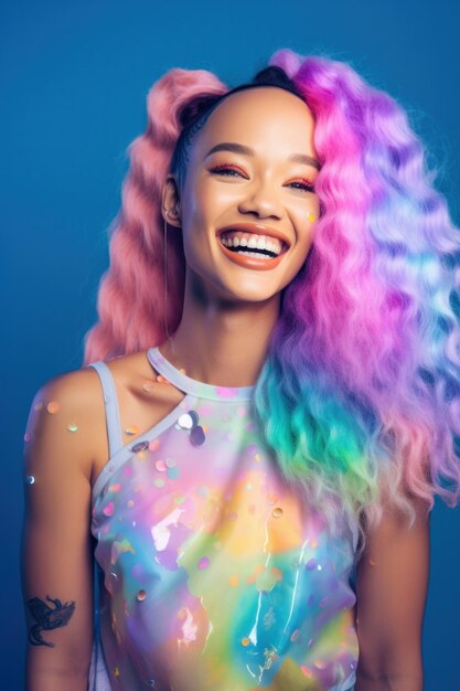 Foto een vrouw met een regenboog haarverf lacht naar de camera.