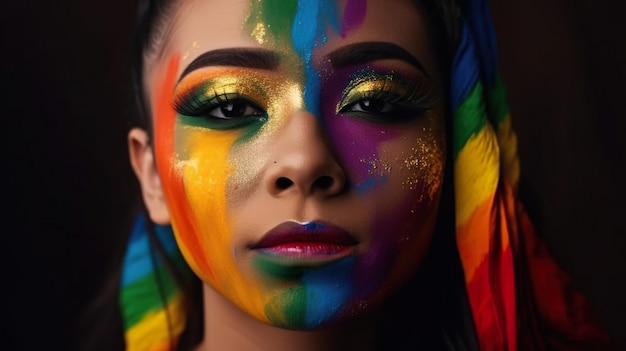 Een vrouw met een regenbooggezichtsverf op haar gezicht