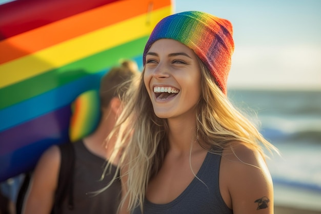 Een vrouw met een regenboogmuts lacht op het strand