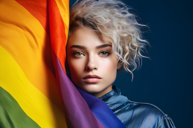 Foto een vrouw met een regenboogvlag achter haar