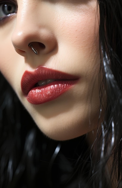 een vrouw met een ring op haar neus draagt een rode lippenstift