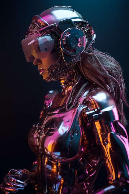 Een vrouw met een robot in roze en paars