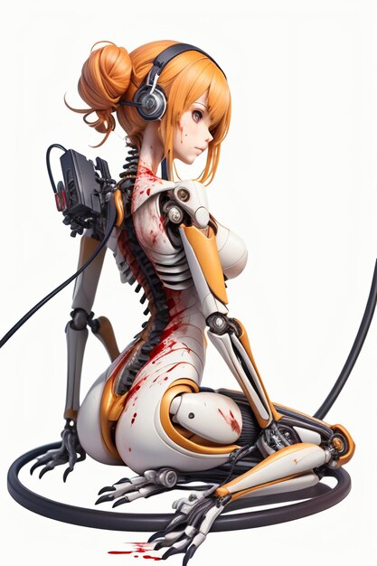 Een vrouw met een robot op haar rug zit in een witte kamer.