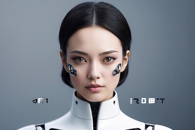 Een vrouw met een robotgezicht en de woorden robot rechtsonder