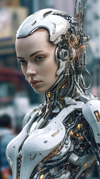Een vrouw met een robotgezicht en een menselijk gezicht.