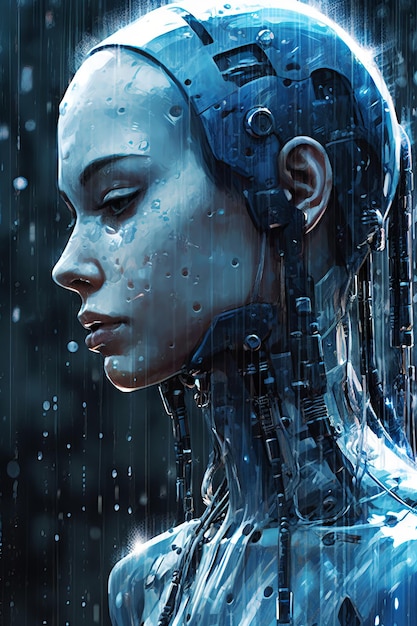 Een vrouw met een robotgezicht in de regen