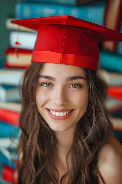 Foto een vrouw met een rode afstudeerhoed en glimlachend