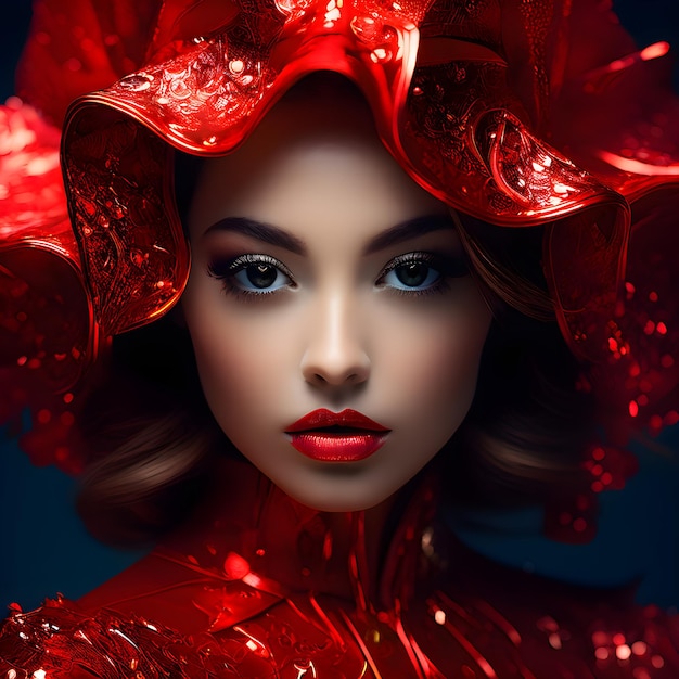 een vrouw met een rode hoed en een rode jurk met een rood hoed erop