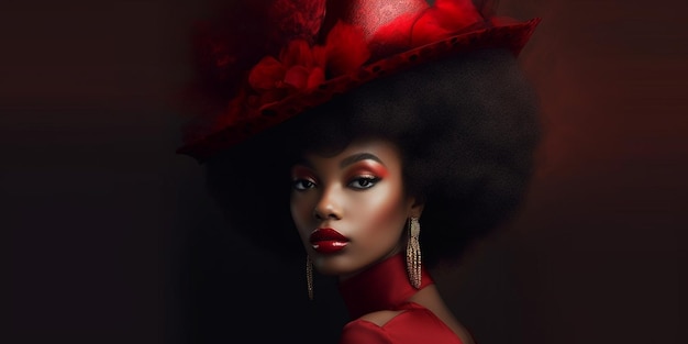 Een vrouw met een rode hoed en rode bloemen op haar hoofd