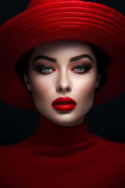 Een vrouw met een rode hoed en rode lippenstift