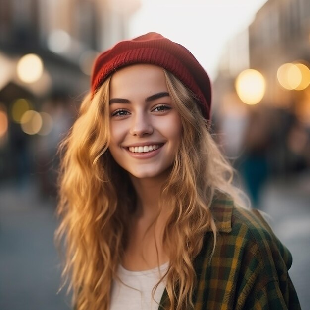 een vrouw met een rode hoed glimlacht naar de camera.