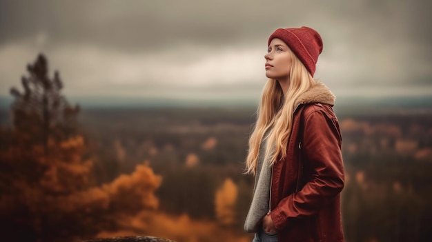 Een vrouw met een rode hoed staat op een heuvel en kijkt uit over een bos.