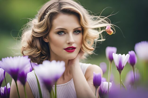 een vrouw met een rode lip en een bos paarse bloemen.