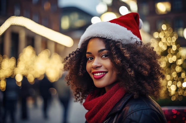 Een vrouw met een rode nieuwjaarshoed glimlacht naar de camera