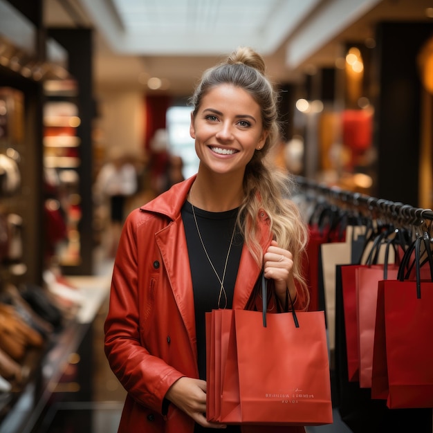 een vrouw met een rode tas in een winkel.