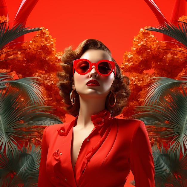 Een vrouw met een rode zonnebril en een tropische achtergrond