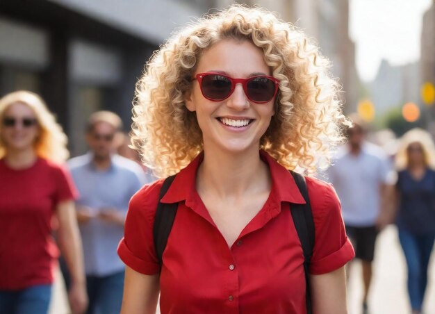 Foto een vrouw met een rood hemd met een zonnebril en een rood shirt met een zwarte riem