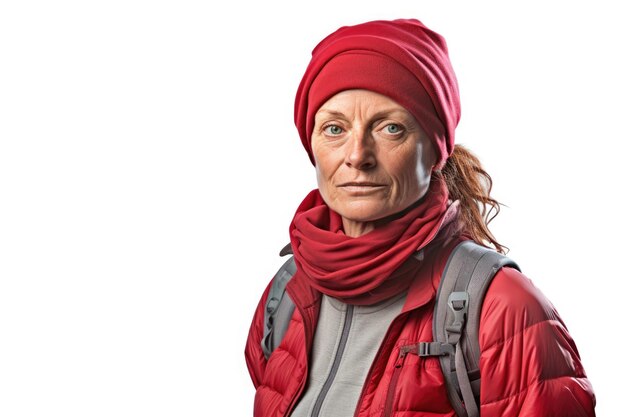 Foto een vrouw met een rood jasje en een rood hoed deze afbeelding kan worden gebruikt om modieuze winterkleding of een stijlvolle outdoor look weer te geven