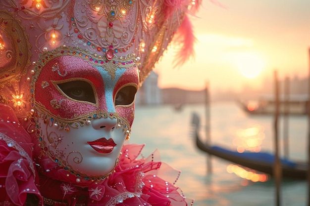 een vrouw met een roze en gouden masker met een gondel op de achtergrond