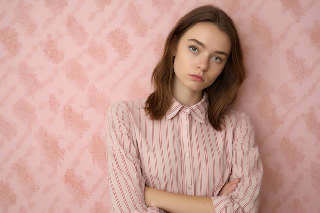 Een vrouw met een roze gestreept overhemd staat voor een roze muur met een roze achtergrond