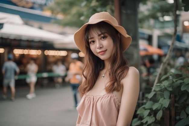 Een vrouw met een roze hoed staat op straat voor een winkel.