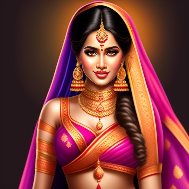 Een vrouw met een roze sari en een gouden ketting