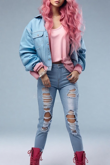 Foto een vrouw met een roze shirt en jeans staat voor een grijze achtergrond
