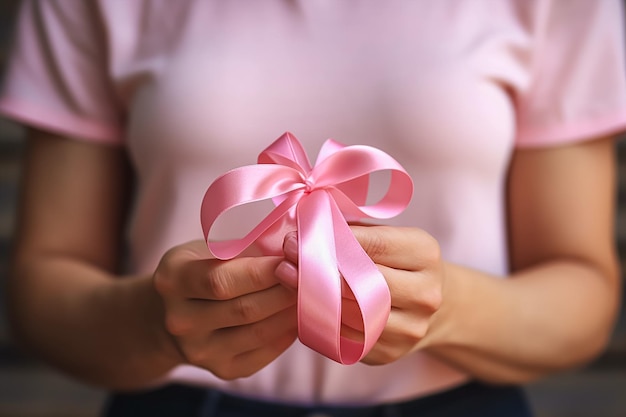 Een vrouw met een roze strik in haar handen