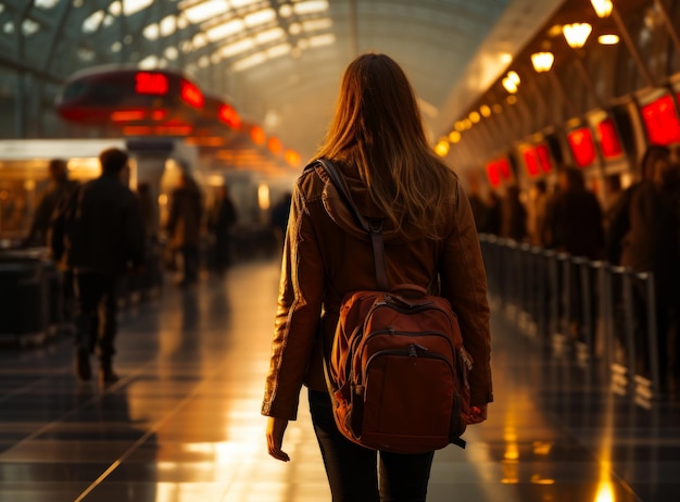 Een vrouw met een rugzak die door een treinstation loopt