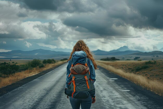 Een vrouw met een rugzak die over een weg loopt in het midden van nergens met bergen in de