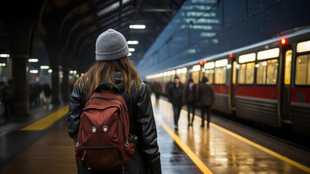 een vrouw met een rugzak die voor een trein staat