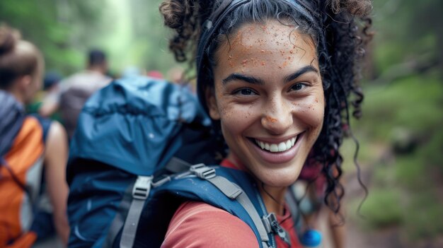 Foto een vrouw met een rugzak glimlacht met water op haar gezicht.