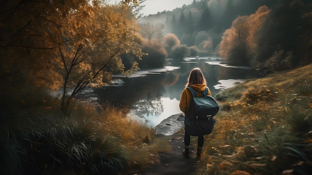 Een vrouw met een rugzak loopt in de herfst langs een rivier.