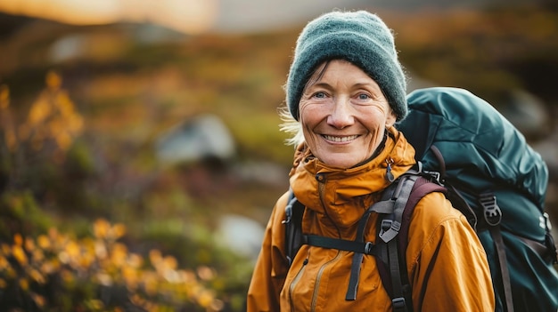 Een vrouw met een rugzak op haar rug glimlacht terwijl ze in de bergen wandelt