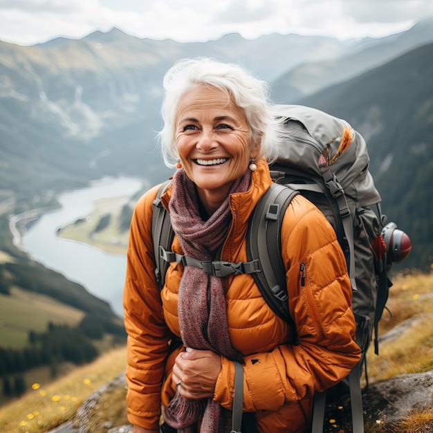 Foto een vrouw met een rugzak op haar rug staat op een bergtop