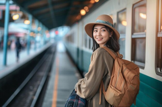 een vrouw met een rugzak staat bij een trein