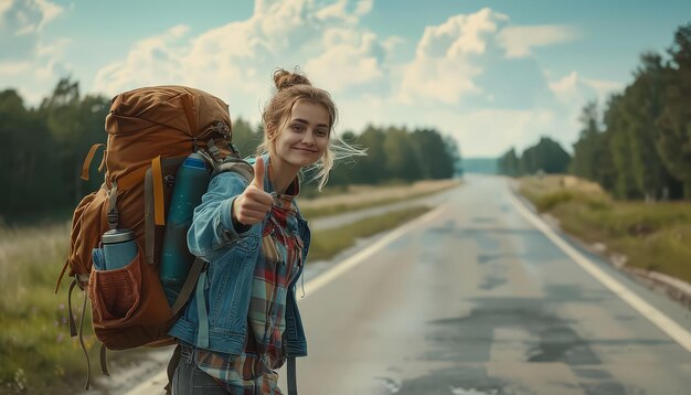 Foto een vrouw met een rugzak staat op een weg en geeft een duim omhoog